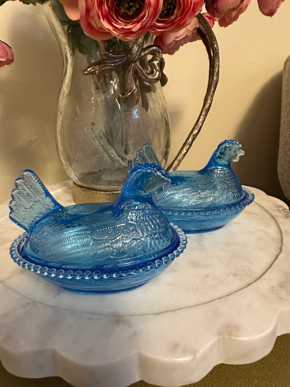Blue plastic  Hen on Nest Covered Dishes - Set of 2